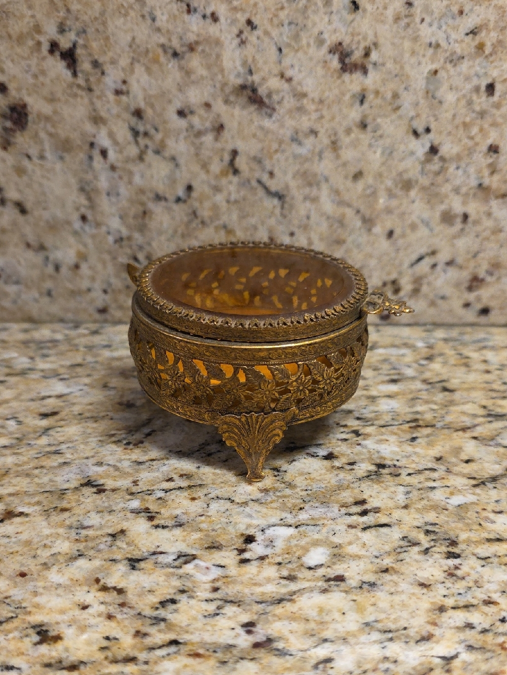 Antique French Goldtone Footed Jewelry Box -Amber Glass Lid Velvet Lining